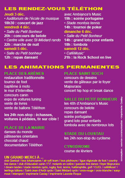 image : verso du flyer Téléthon 2009 à Mont de Marsan - programme